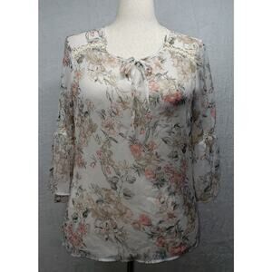 Tribal Jeans Floral Crochet Blouse Size M Cream Sheer Boho Cottagecore Top